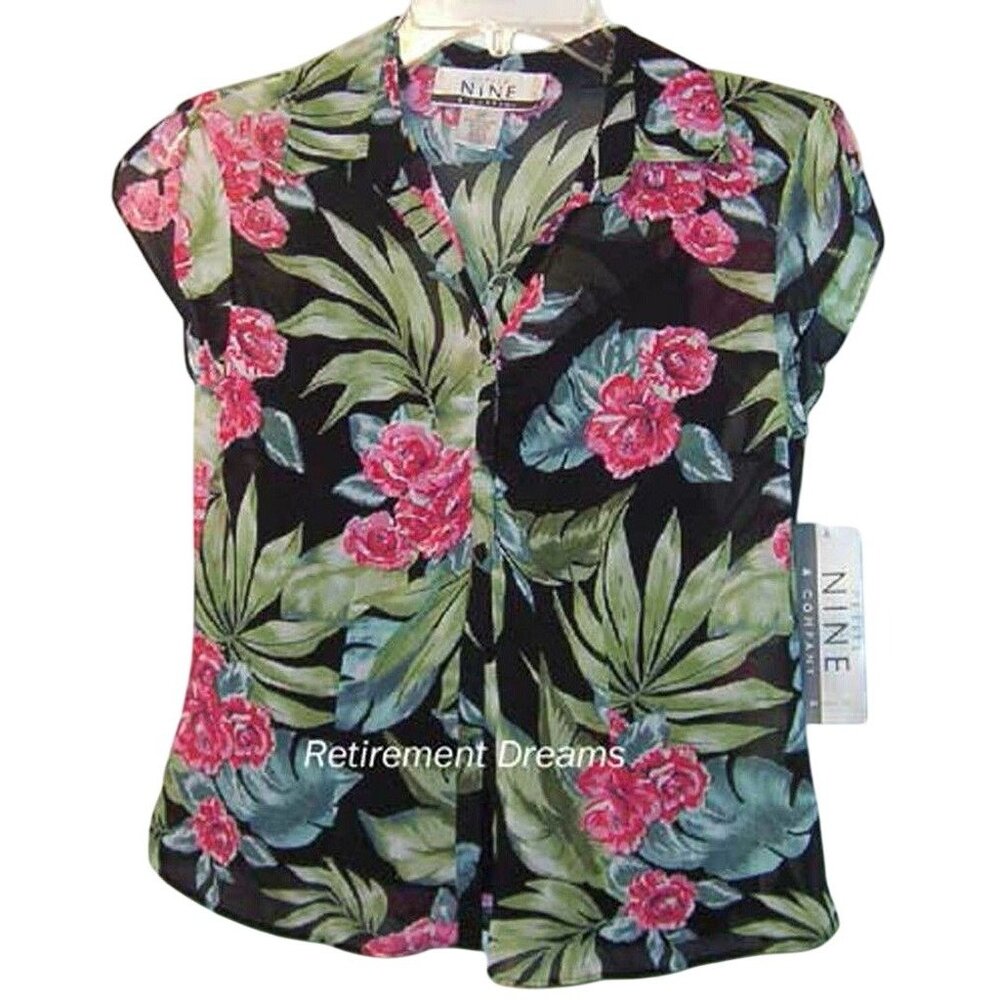 Nine & Company 2P Petite Blouse Cami Floral Button Front Sheer Black Pink NEW - Picture 4 of 9